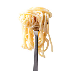 Fork Twisting Spaghetti PNG, Close-Up of Plain Cooked Pasta Wrapped Around Silver Utensil PNG, Minimalist Food Photography PNG