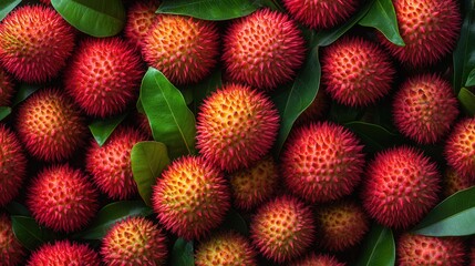 Vibrant rambutan fruits with spiky red and yellow skin among lush green leaves.