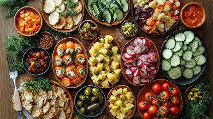 Fototapeta premium An assortment of various colorful vegetables and fruits artistically presented