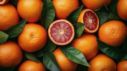 Collection of fresh oranges with vibrant green leaves and a sliced blood orange centerpiece.