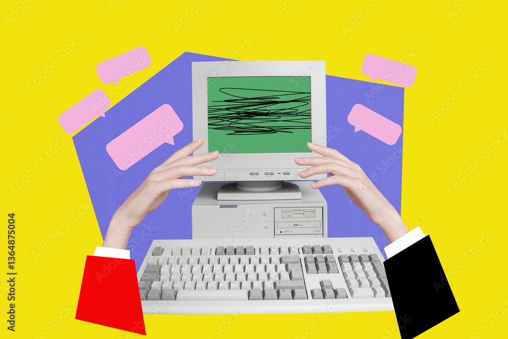 Fototapete poster image collage of hands working using computer talking on yellow color background