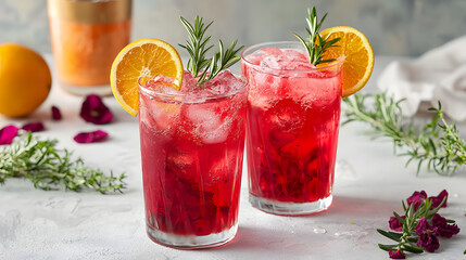 Refreshing Hibiscus Drink with Ice, Orange Garnish, and Herbal Touch, Perfect for Summer Sipping