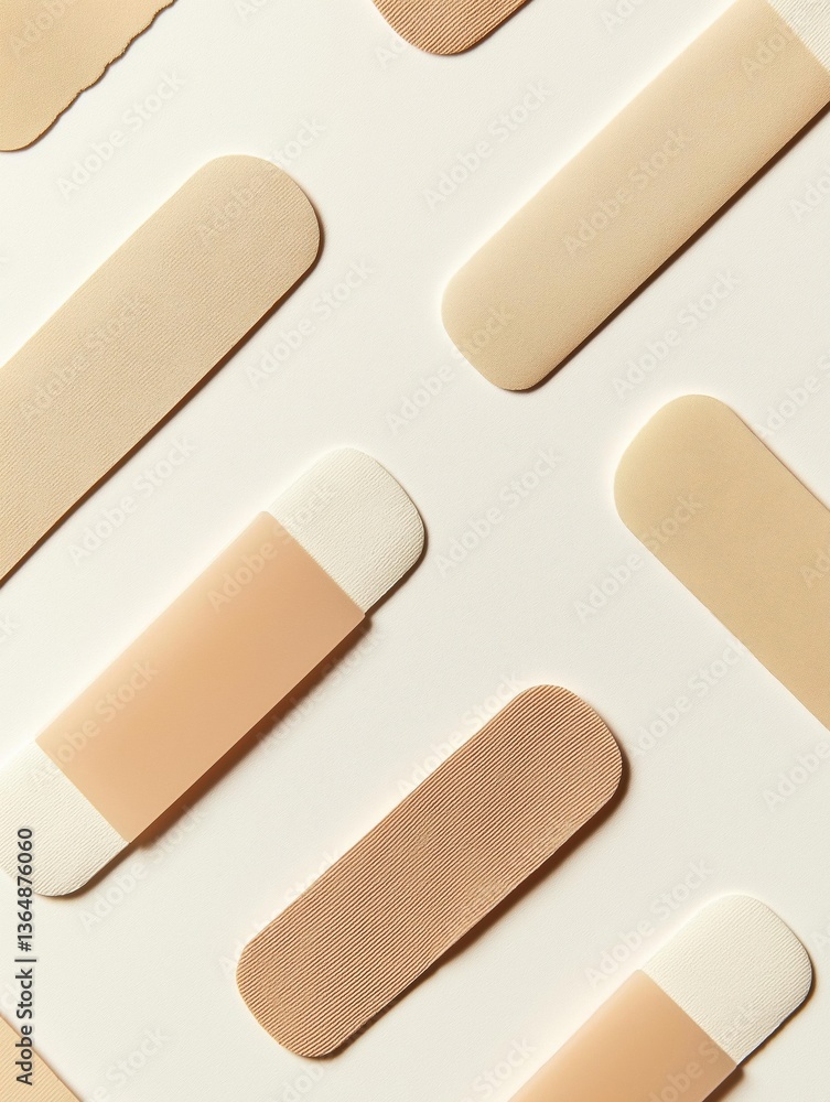 Poster group of multiple adhesive bandages arranged in a scattered pattern on a white background. the banda