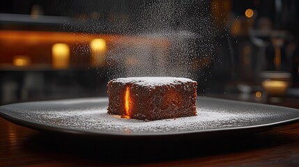 Powdered Sugar Being Sprinkled on a Chocolate Dessert Square