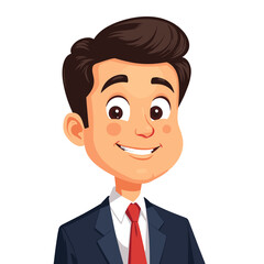 Cartoon young businessman in red tie smiling on white background