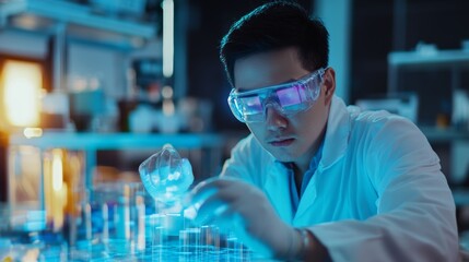 A wearable tech developer testing smart AR contact lenses, sleek technology lab with microelectronics fabrication equipment and high-resolution augmented reality simulations, High-tech style