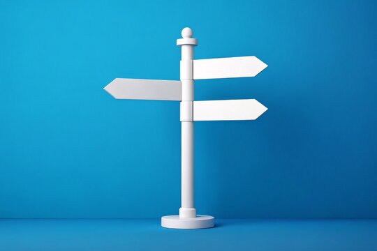 A blank signpost symbolizes life's crossroads, the choices we face, and the paths yet to be chosen against a bright blue backdrop.