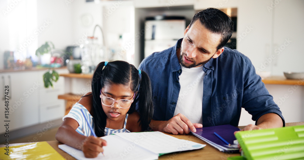 Poster dad, girl and homework with book on table for learning assessment, knowledge and support in educatio