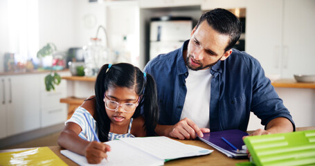 Dad, girl and homework with book on table for learning assessment, knowledge and support in education. Confused, family and father with child in house for development, homeschool or help for studying