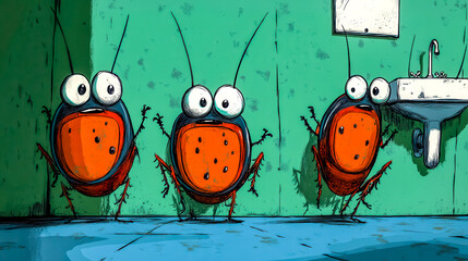Cartoon cockroaches scurrying across a dirty bathroom floor