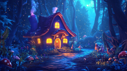 Night fairytale house in forest cartoon background. Neon light in hut window. Magic tree in fantasy landscape with mushroom and path. Jungle cottage home scene for adventure child fairy tale wallpaper