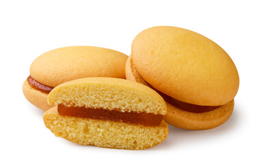 Round sandwich cookies and half on a white background. Isolated