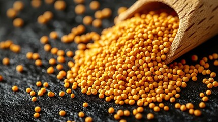 Yellow mustard seeds spilling from a wooden scoop on a dark surface