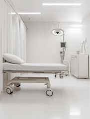 Modern hospital room with a white bed in the center. the bed has a white mattress and a white pillow on top. it is supported by four wheels on the bottom for easy movement.