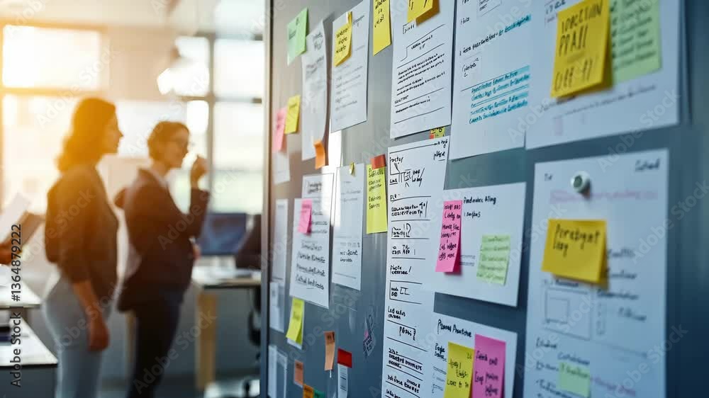 Poster collaborative workspace with sticky notes and diverse team members