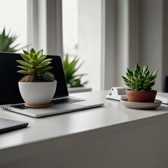 Fototapeta premium A clean white desk with a laptop and a single succulent plant