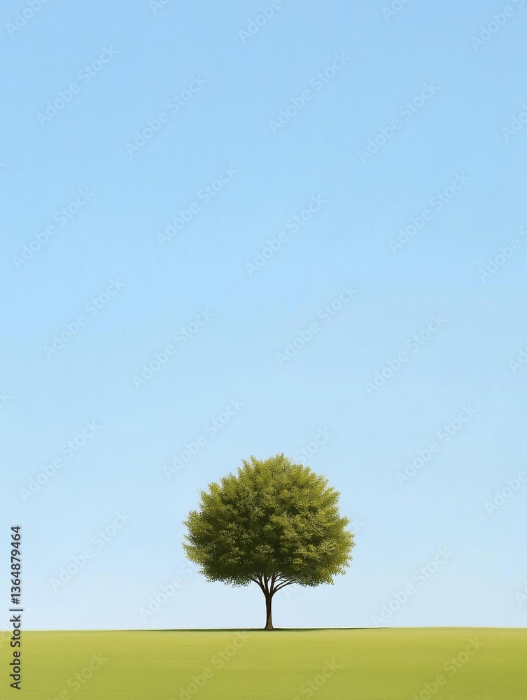 Poster photograph of a single tree in the middle of a vast green field. the tree is tall and slender with a
