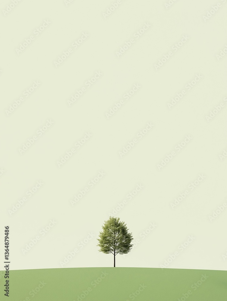 Poster simple illustration of a single tree standing alone on a green hill. the tree is tall and slender wi