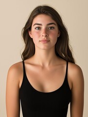 Portrait of a young woman with shoulder-length brunette hair. she is wearing a black tank top and is standing against a plain beige background.