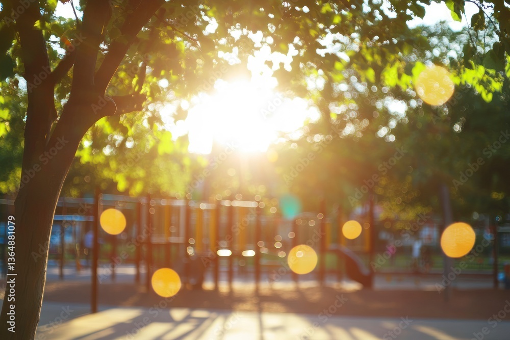 Poster sunlight streaming through trees at a playground with dreamy bokeh