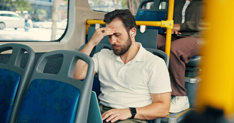 Travel, passenger and man with headache, public transport and exhausted with long journey in...