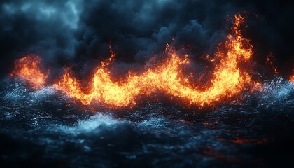Fototapeta premium Flames Erupting Over Dark Water Under Dramatic Cloudy Skies