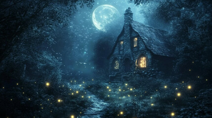 Obraz premium Witch house in forest landscape at night. Beautiful scary scene for game or banner design. Full moon dark landscape with cottage. Rural old building exterior. Outdoor firefly scenery at nighttime.