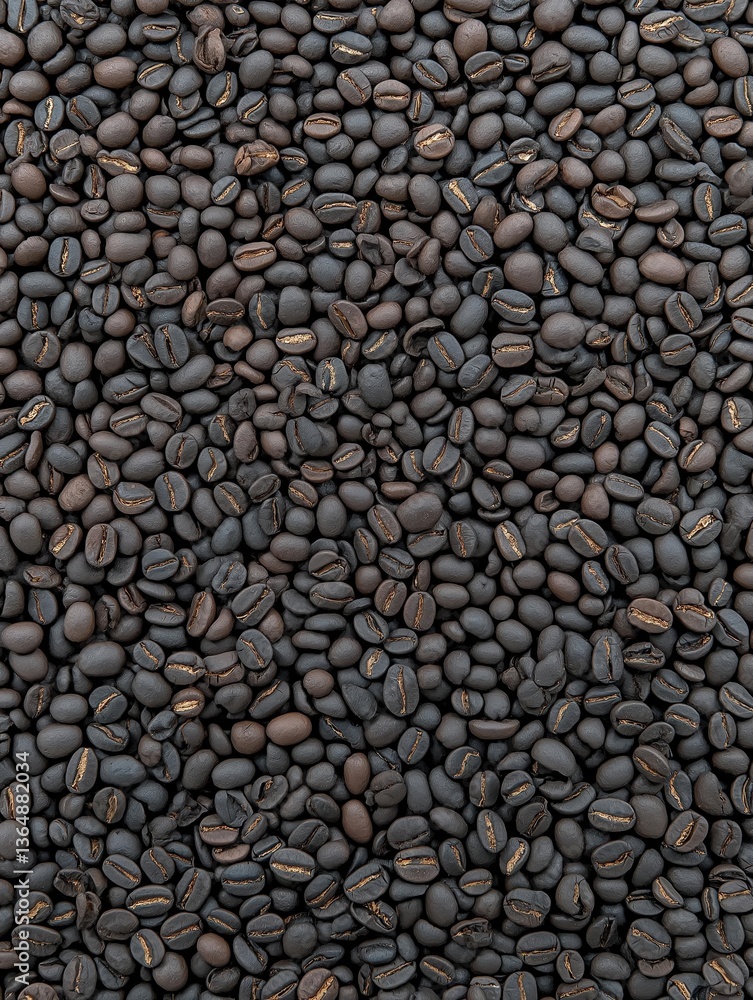 Poster close-up of a pile of coffee beans. the beans are dark brown in color and appear to be freshly roast