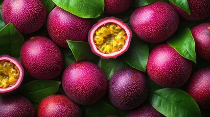 Fresh passion fruits with vibrant purple skin and juicy interior, surrounded by lush green leaves.