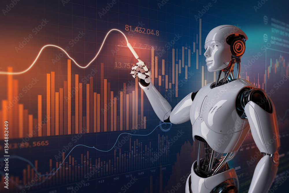 Poster a humanoid robot interacts with a digital display showing financial charts and graphs, symbolizing a