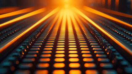 A mesmerizing view of illuminated tracks converging in the distance, showcasing a blend of light and texture against a backdrop of warmth.