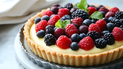 A fruit tart with a buttery crust, filled with custard and topped with fresh berries