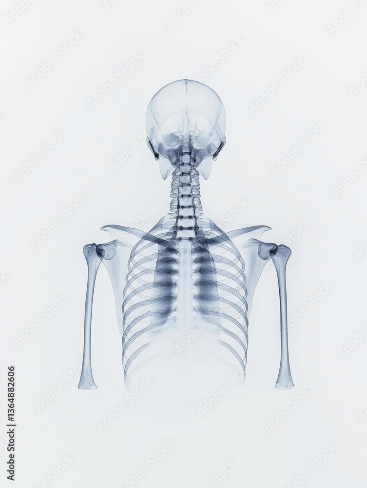 Poster 3d rendering of a human skeleton. the skeleton is shown in a side view, with the head and neck facin