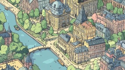 Obraz premium Isometric map of city streets with buildings. Vector cartoon illustration of urban landscape with roads, apartment houses, cafe, shop, bank, hospital, park with green lawn, trees and river around town