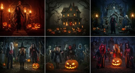 Spooky Halloween Scene Creepy Characters Haunted House Jack o lanterns
