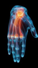 Colorful X-ray of a human hand showcasing bone structure and glowing nerves.