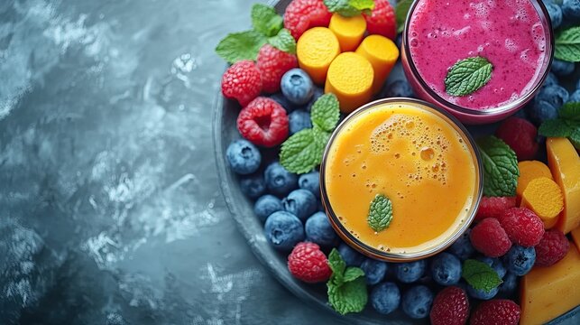 Freshly prepared colorful smoothies surrounded by various fresh fruits and berries