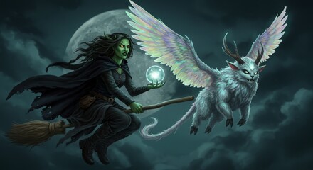 Fantasy Witch and Magical Creature Flying on a Broomstick at Night