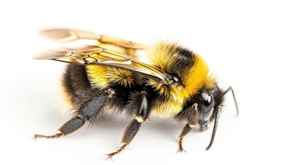 Realistic photograph of a bee, side view, against a white background, high-resolution photography