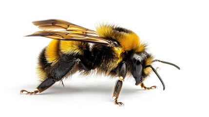 Realistic photograph of a bee, side view, against a white background, high-resolution photography