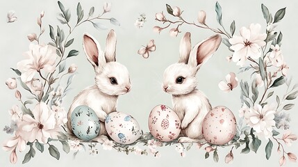 Easter bunnies with flowers, and eggs. (32)