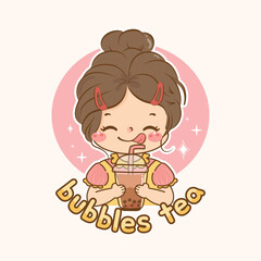 Girl cute drinking bubble tea logo 