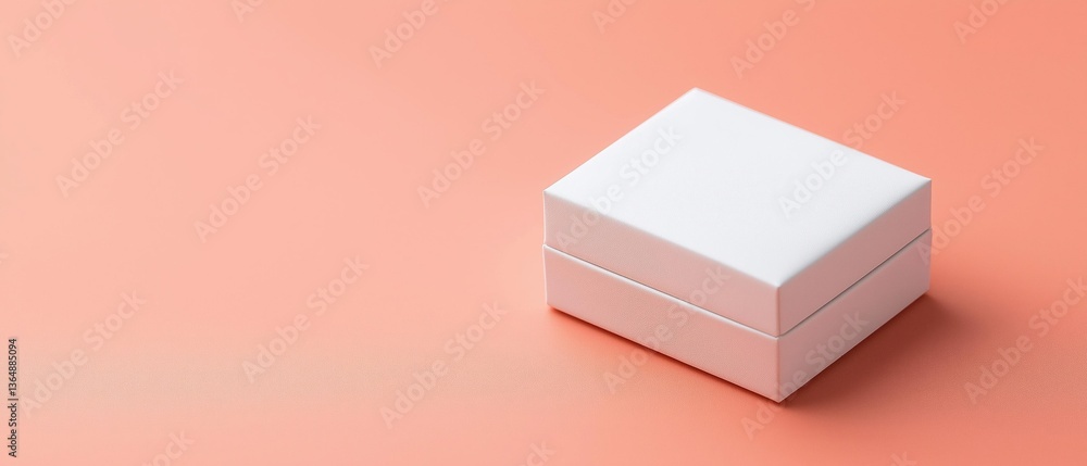 Poster 3d rendering of a small white box on a peach-colored background. the box is square in shape and appe