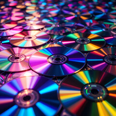 A vibrant array of colorful CDs reflecting light, creating a mesmerizing visual effect that captures the essence of nostalgia and music culture.