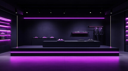 Obraz premium Black luxury product podium with purple neon lamps. Realistic 3d vector cylinder showcase platform with led light glow lines. Dark modern stage for goods presentation or casino award pedestal.
