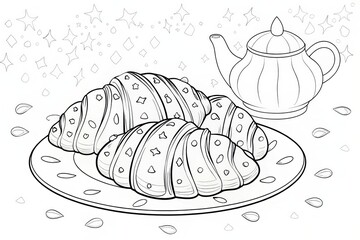 Afternoon tea theme, Croissants on a plate with a teapot, surrounded by sparkles and petals. Outline for coloring.