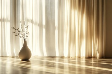 A simple vase with branches stands before sunlit flowing curtains