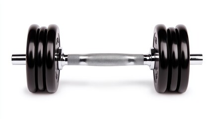 Naklejka premium A heavy dumbbell formed with sleek black weights rests horizontally on a clean, flat surface. This equipment is prepared for a strength training session, ideal for building muscle and fitness
