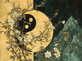 A harmonious blend of nature and symbolism featuring a yin-yang motif, blooming flowers, and mountains, reflecting balance and tranquility.