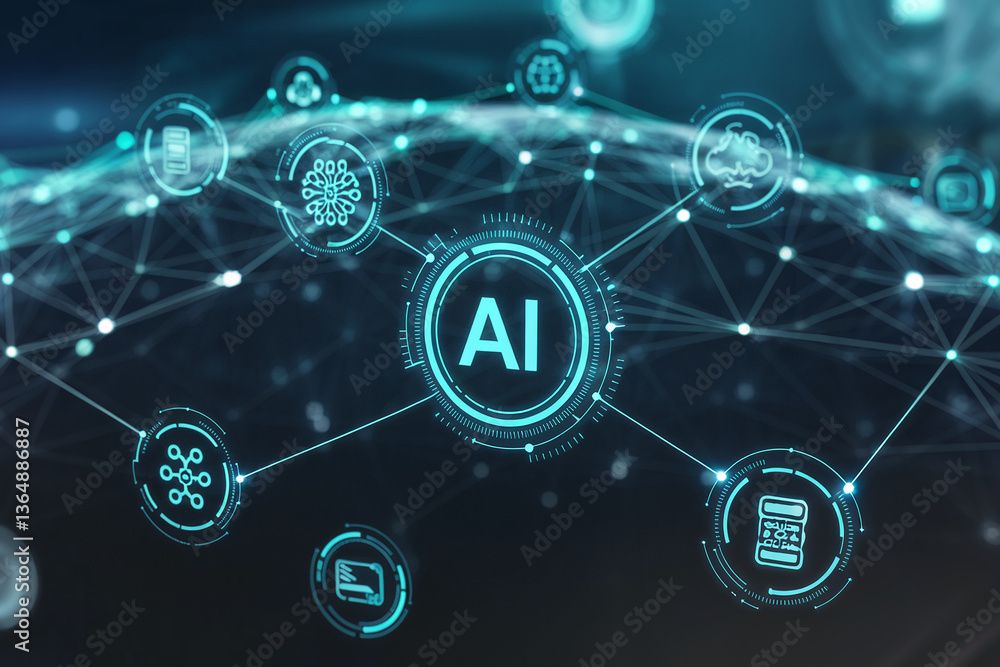 Poster abstract digital illustration, ai concept showcased with glowing network nodes and lines, symbolizin